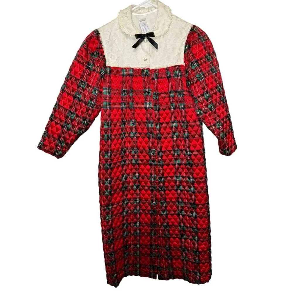 Her Majesty Vintage Girls Robe Quilted Red Plaid Christmas Lace SZ 8